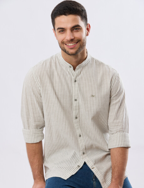 CAMISA RAYADA DE LINO CUELLO MAO Verde