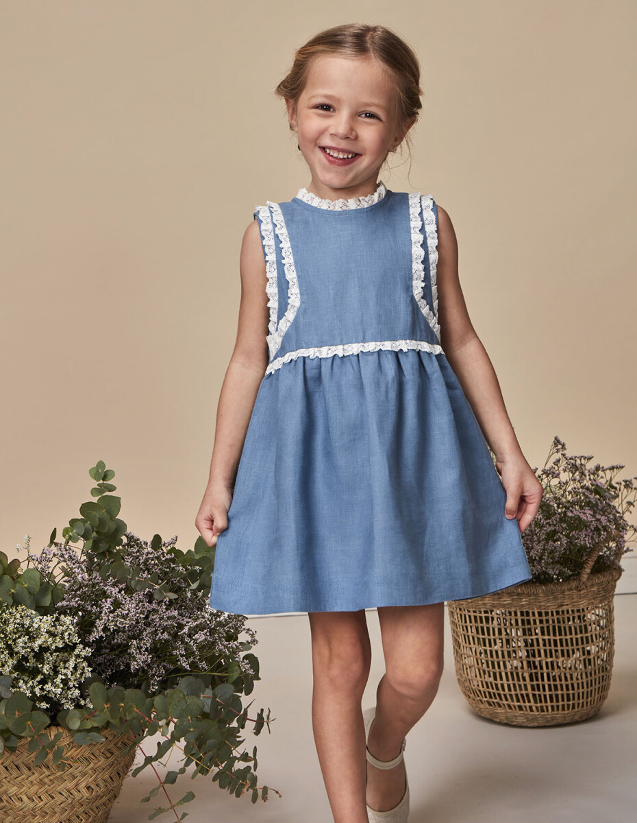 Vestido Lino Con Tiras Bordadas En Contr - Azul Medio Claro 