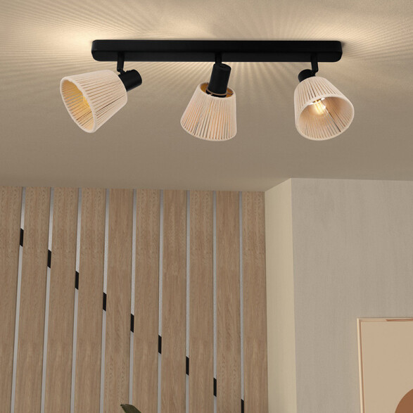 Aplique acero negro 3xE14 c/pantalla de hilo beige EG6156