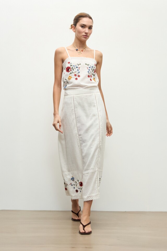 Falda bordado floral multicolor blanco