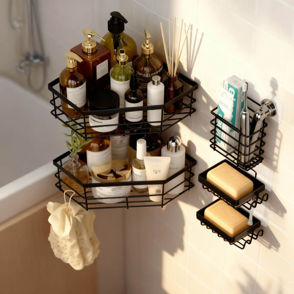 Set X5 Estante Organizador Esquinero Ducha Baño Jabonera Accesorios Con Adhesivo Imback Color Negro Set X5 Estante Organizador Esquinero Ducha Baño Jabonera Accesorios Con Adhesivo Imback Color Negro