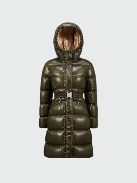 Moncler - Campera larga rellena de plumas con cinto ajustable, Bellevue Verde