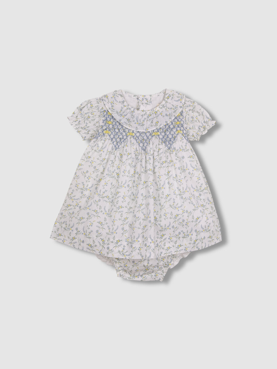 Vestido De Florecitas Con Nido De Abeja Azul