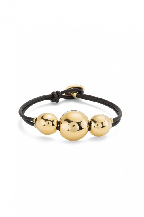 PULSERA DE CUERO CON TRES CUENTAS GRANDES DE ALEACIÓN DE METALES BAÑADAS EN ORO 18K Pulsera