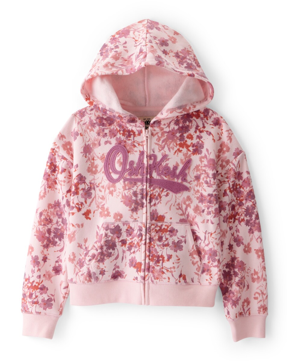 Campera de algodón con felpa, rosada, diseño floral 