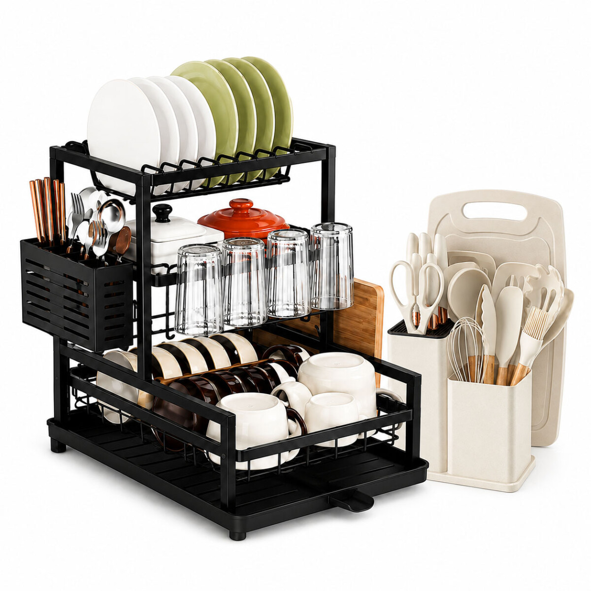 Set Utensilios Cocina 19Pz + Escurridor 3Niv. Drenaje Autom. - Gris 