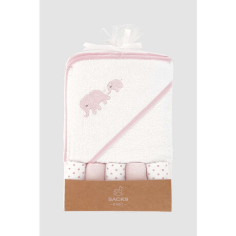 Toalla con capucha + 5 babitas bebe elefante Rosado