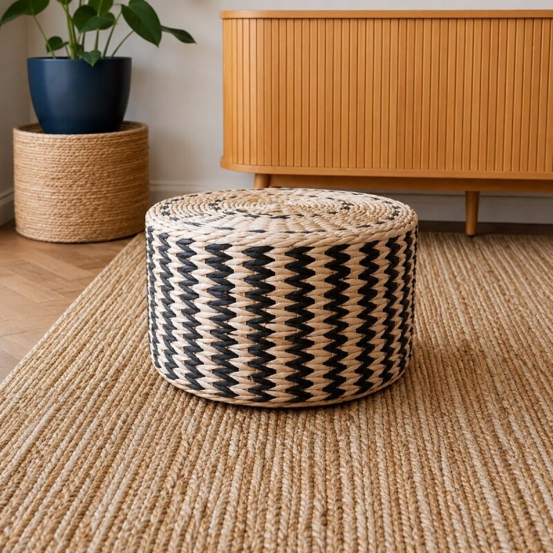 Puff almohadón de piso circular ratán Diámetro 40cm y 20cm altura Negro