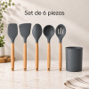 Utensilios para Cocina de Silicona y Mango de Madera 6 Piezas Gris