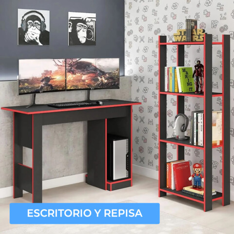 Combo GAMER de escritorio con estantería repisa Grafito / Rojo