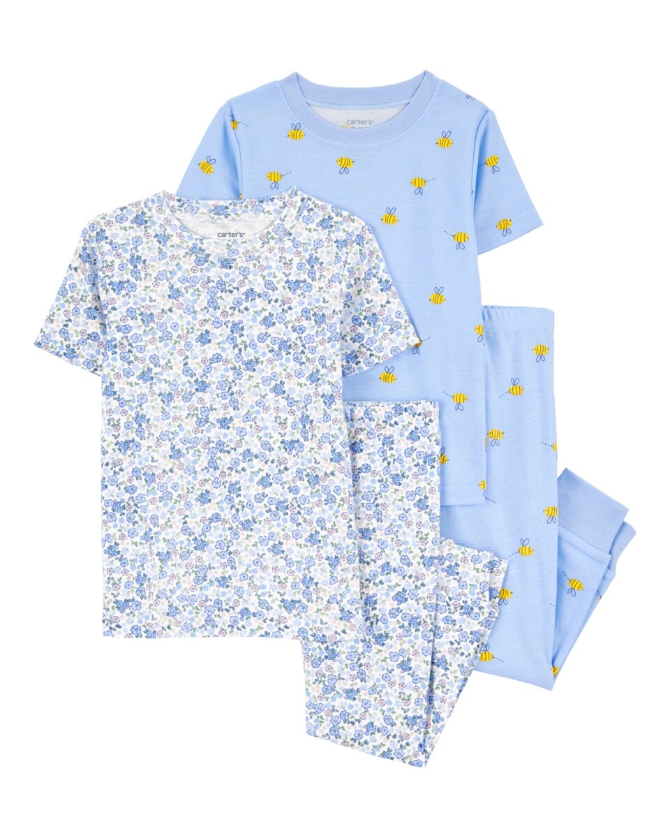 Pijama cuatro piezas de algodón, dos pantalones y dos remeras, diseño floral 