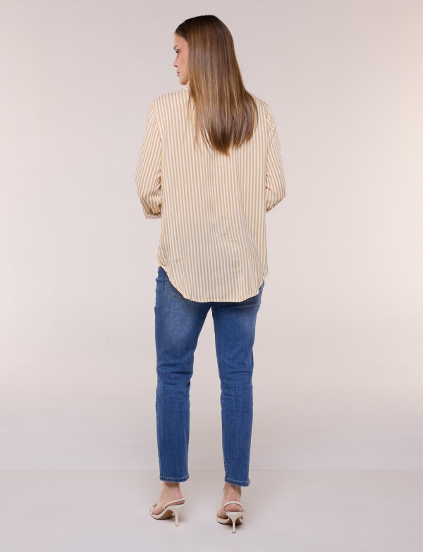 Camisa Clásica Rayada Con Mangas Arremangables MOSTAZA