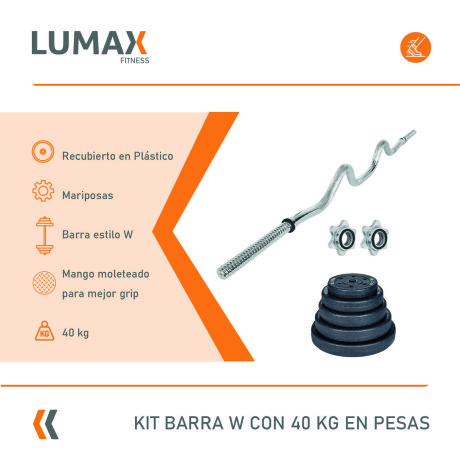 Kit fitness barra super W + 40 kgs 4x5Kg 6x2.5Kg 4x1.25Kg