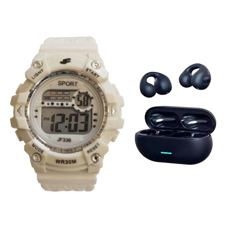 Set Reloj Deportivo Luz + Auriculares Earcuffs Inalámbricos Blanco