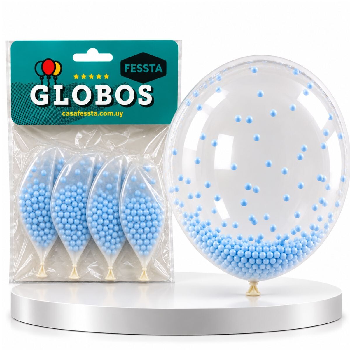 Globo Fessta Transparente con Pelotitas x4 - Celeste 