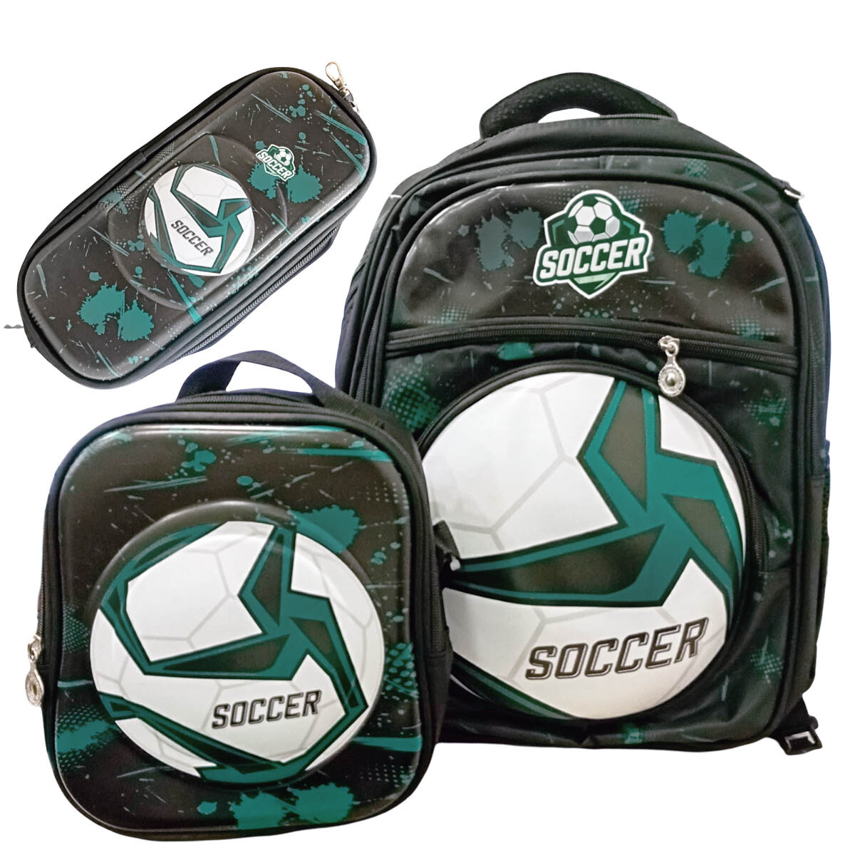 Mochila Escolar 3en1 Lunchera + Cartuchera Infantil - Futbol 