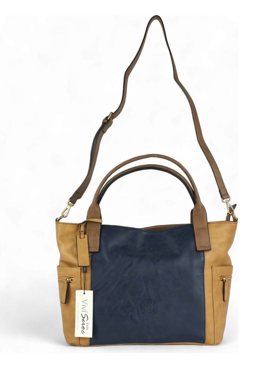 Cartera grande combinada - Azul con beige 