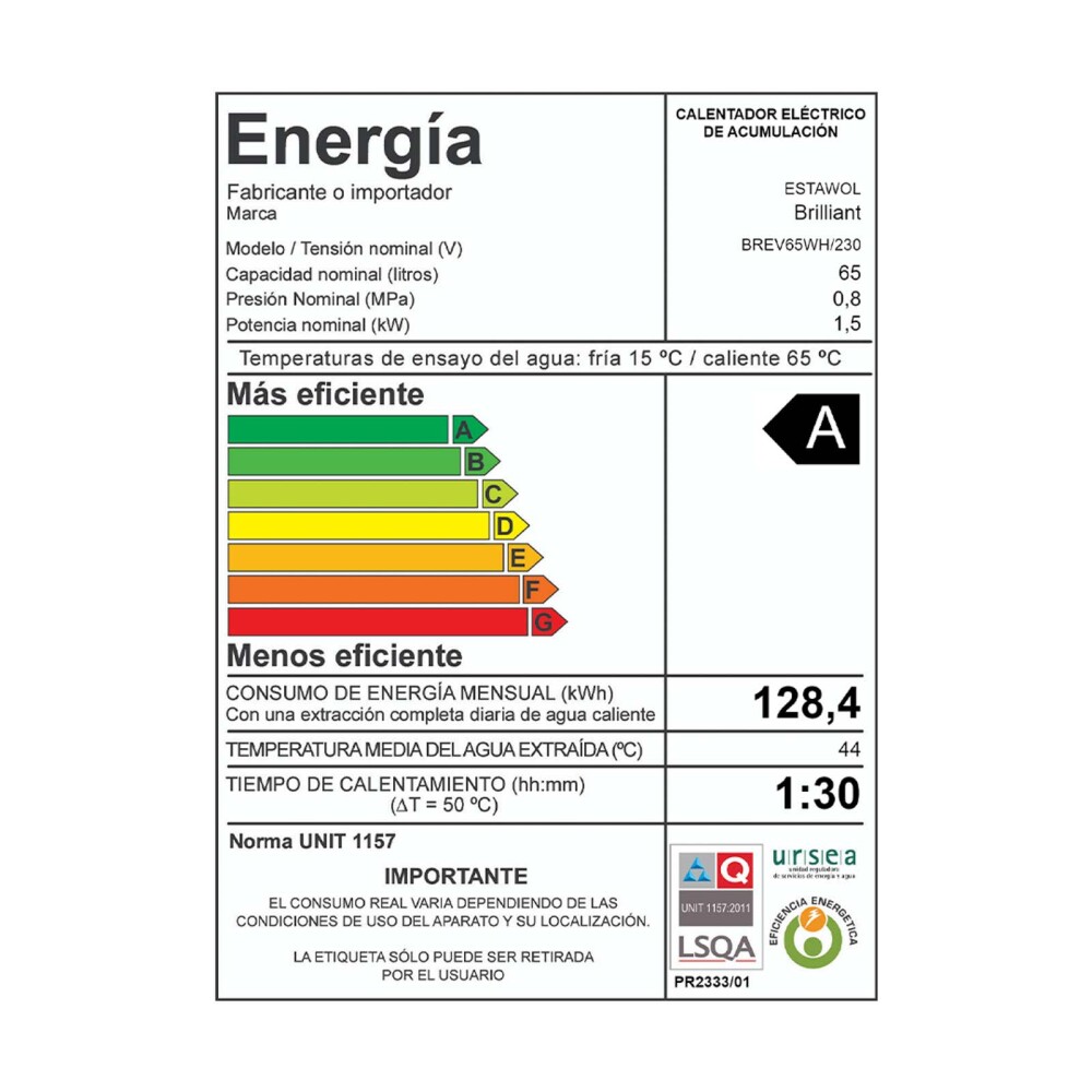 TERMOTANQUE BRILLIANT 65LITROS BREV65WH