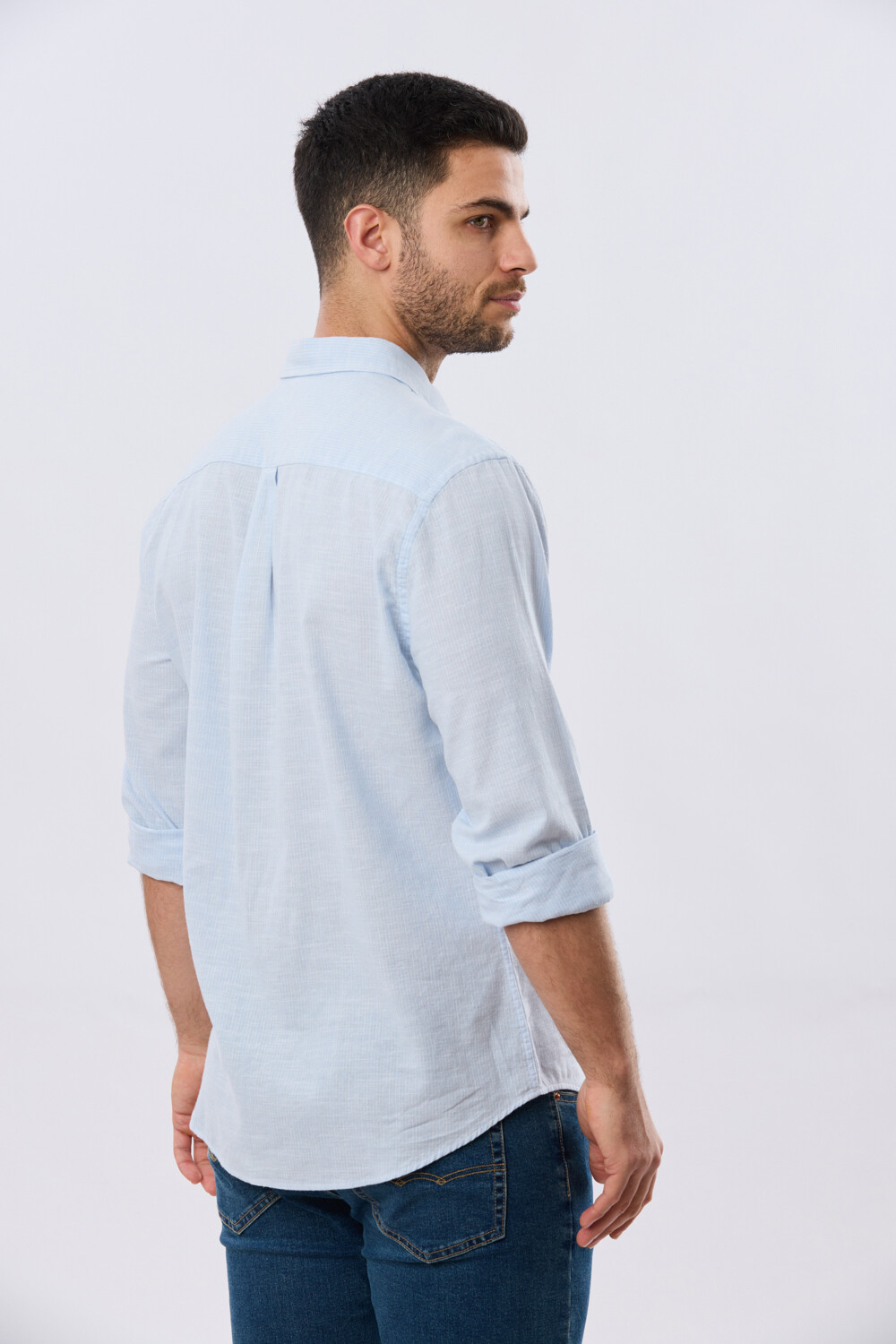 CAMISA RAYADA DE LINO Celeste