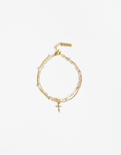 Pulseras Flexibles Cubic zirconia Pulsera Flexible Con Cruz Y Beads Multicolor. - Dorado