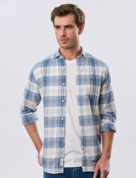 CAMISA CUADROS DE LINO Celeste