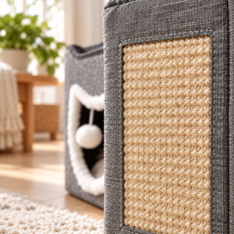 Casa Para Gatos Plegable Con Rascador Cama Y Pompón Gris