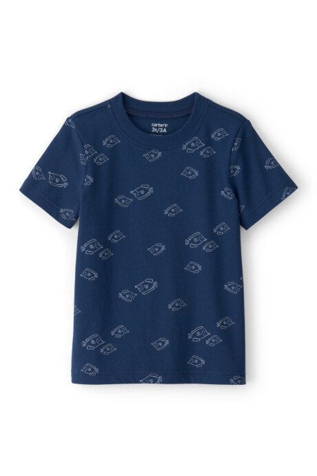 Remera de algodón, manga corta, azul marino, diseño peces Remera de algodón, manga corta, azul marino, diseño peces