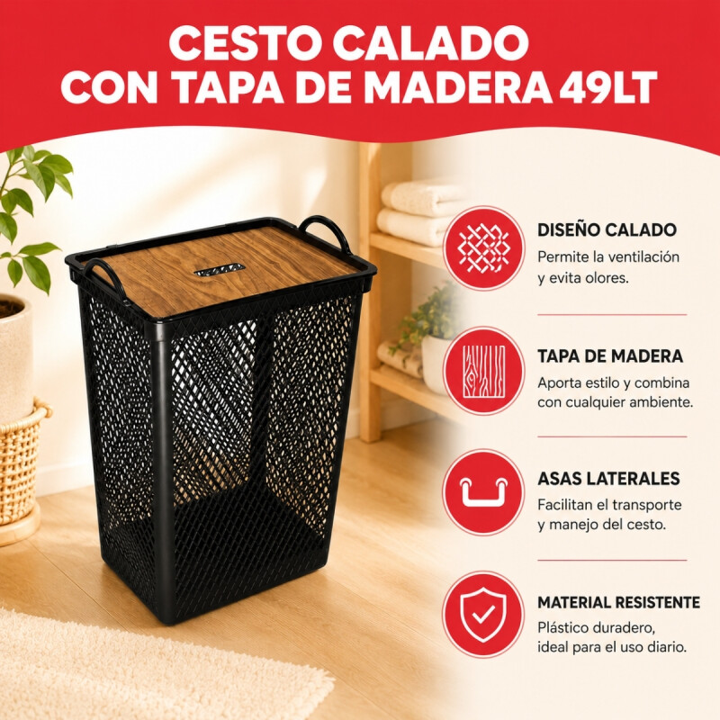Cesto de ropa con tapa simil madera 49 Lts NEGRO