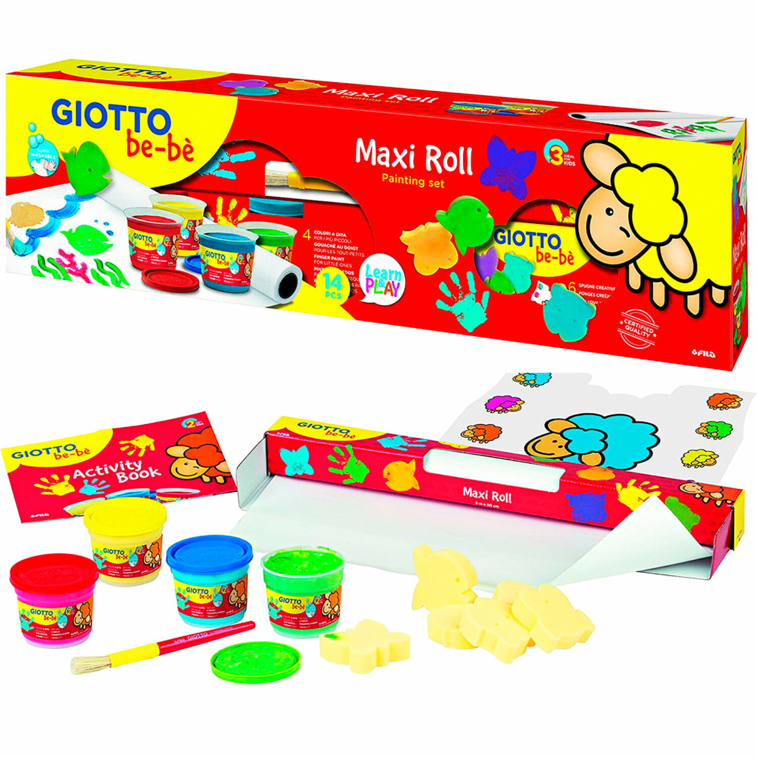 Kit Créatif Enfant 2 Ans GIOTTO Be-bè Maxi Roll - Set Peinture Aux Doigts Accessoires (Éponges, Pinceau, Tablier), Ultra Lavable Kit Peinture Giotto Be-be