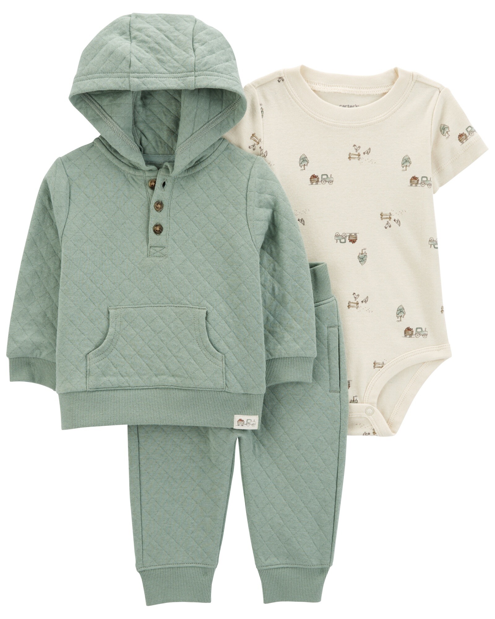 Set tres piezas de algodón, pantalón y canguro con capucha capitoneados, más body Sin color