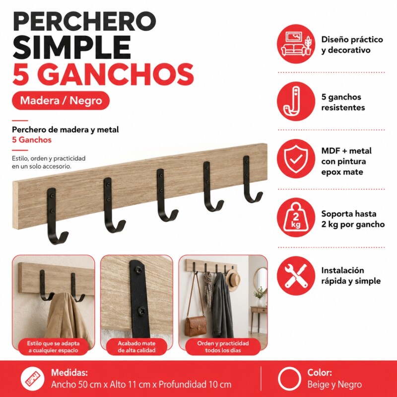 Perchero simple con 5 ganchos MADERA/NEGRO