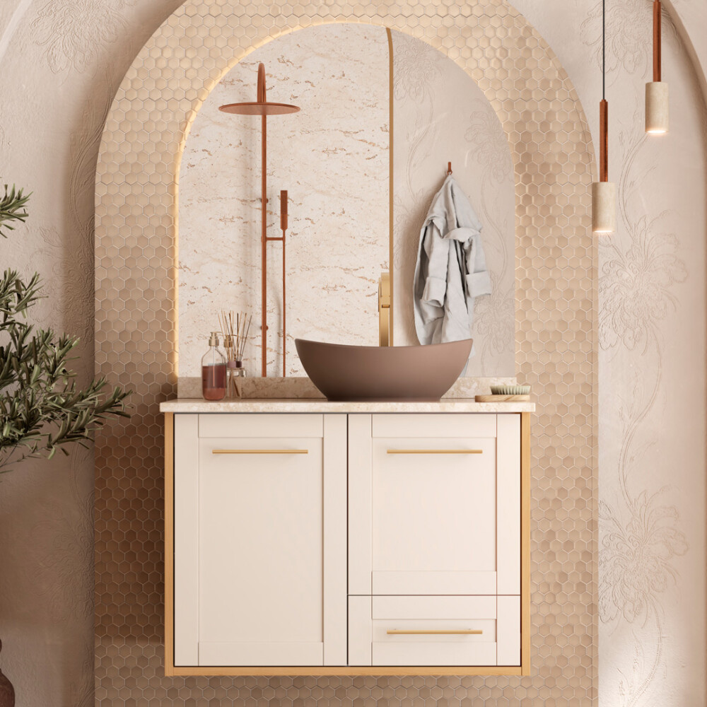 MUEBLE BAÑO EN MADERA PETUNIA ARENA JEQUITIBÁ T/MARMOL TRAVERTINO Mueble Baño En Madera Petunia Arena Jequitibá T/marmol Travertino