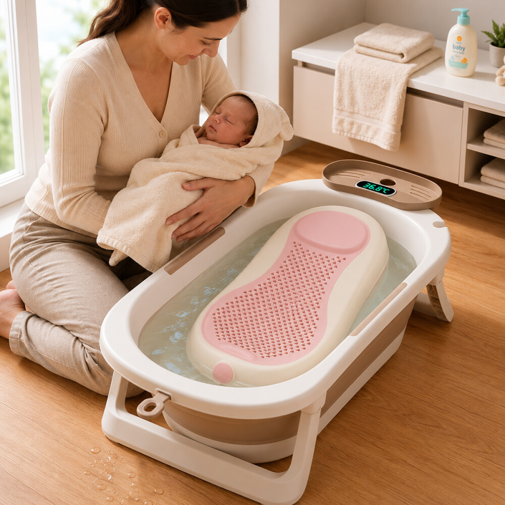 Set Bañito Plegable + Soporte Para Bebé Bañera Rígida Marrón