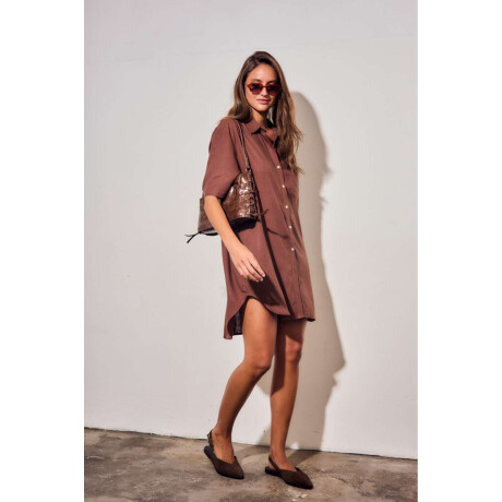 Vestido Camisero Con Lino Marron