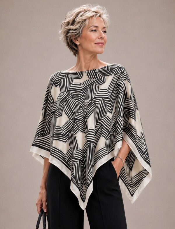 Poncho Saten Geometrico MULTI/NEGRO