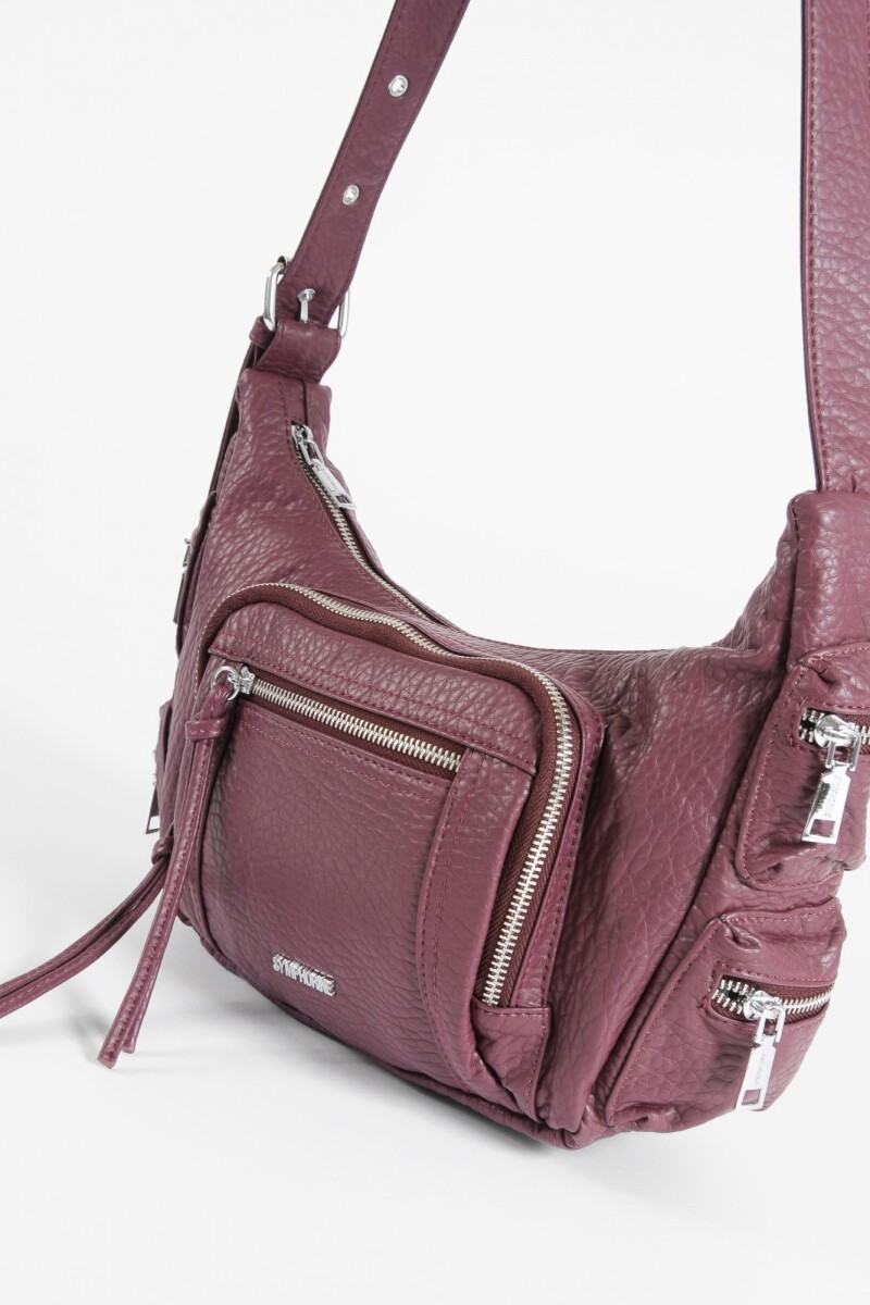 Bandolera con múltiples bolsillos bordo