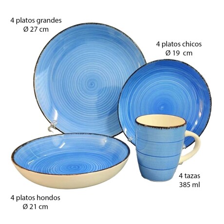 Juego Vajilla Cerámica 16P Platos Llanos Hondos Tazas 385ml Azul