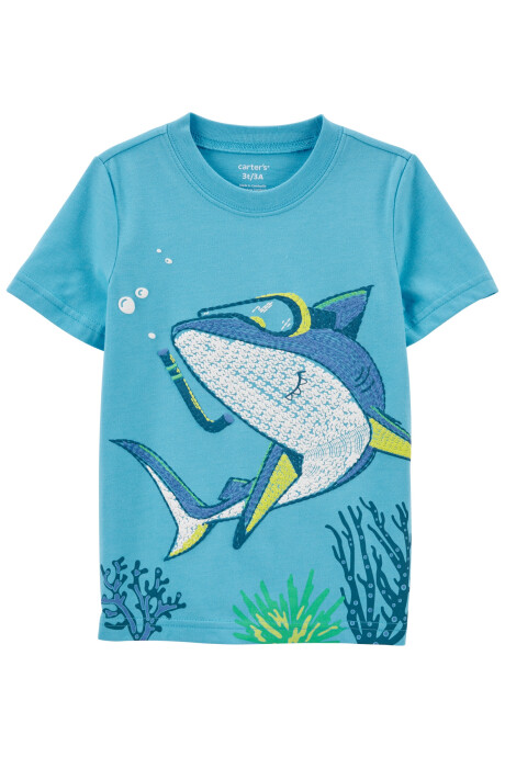 Remera de algodón manga corta estampa tiburón 0