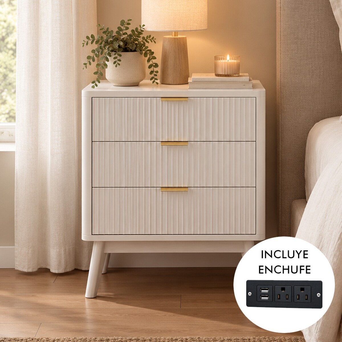 MESA DE LUZ GRAN TAMAÑO / CÓMODA 3 CAJONES - CON ENCHUFE - blanco 