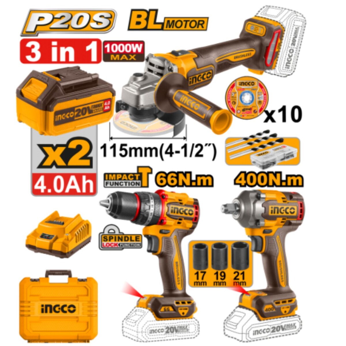 Kit Ingco a batería 3 herramientas + accesorios y valija 