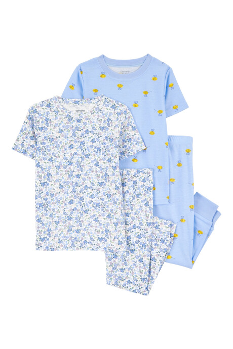 Pijama cuatro piezas de algodón, dos pantalones y dos remeras, diseño floral Pijama cuatro piezas de algodón, dos pantalones y dos remeras, diseño floral