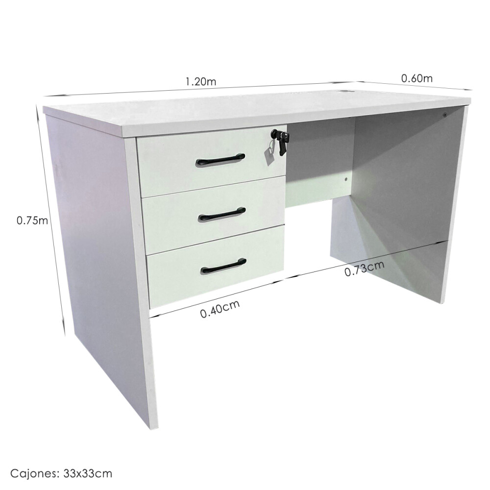 Escritorio MDF reforzado 3 cajones con llave Blanco