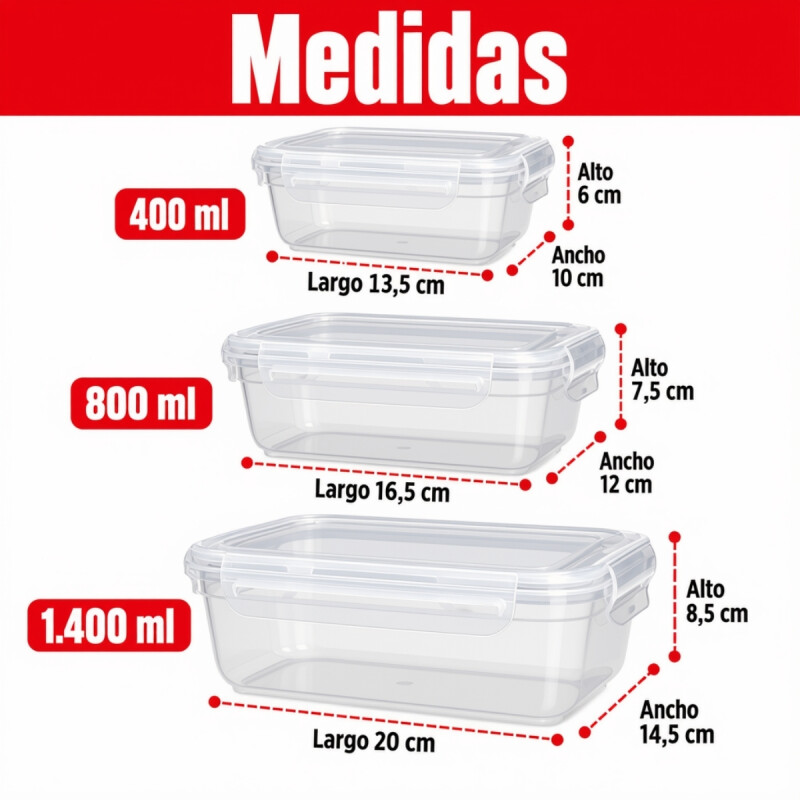 Set x3 Pote hermético 400/800/1,400 ml TRANSPARENTE