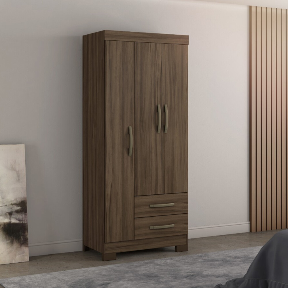 ROPERO 3 PUERTAS 2 CAJONES GUARDARROPA ARMARIO PLACARD CLOSET CON ESTANTES Y PERCHERO COLOR MADERA