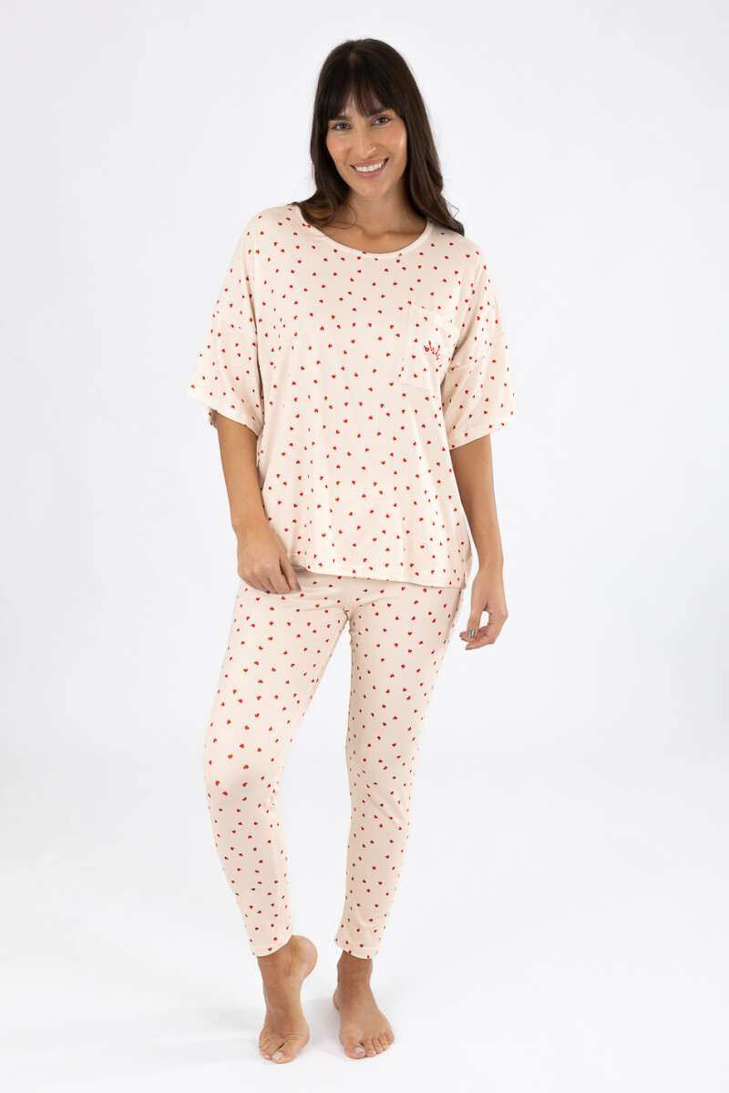 Pijama legging rib heart - Marfil 