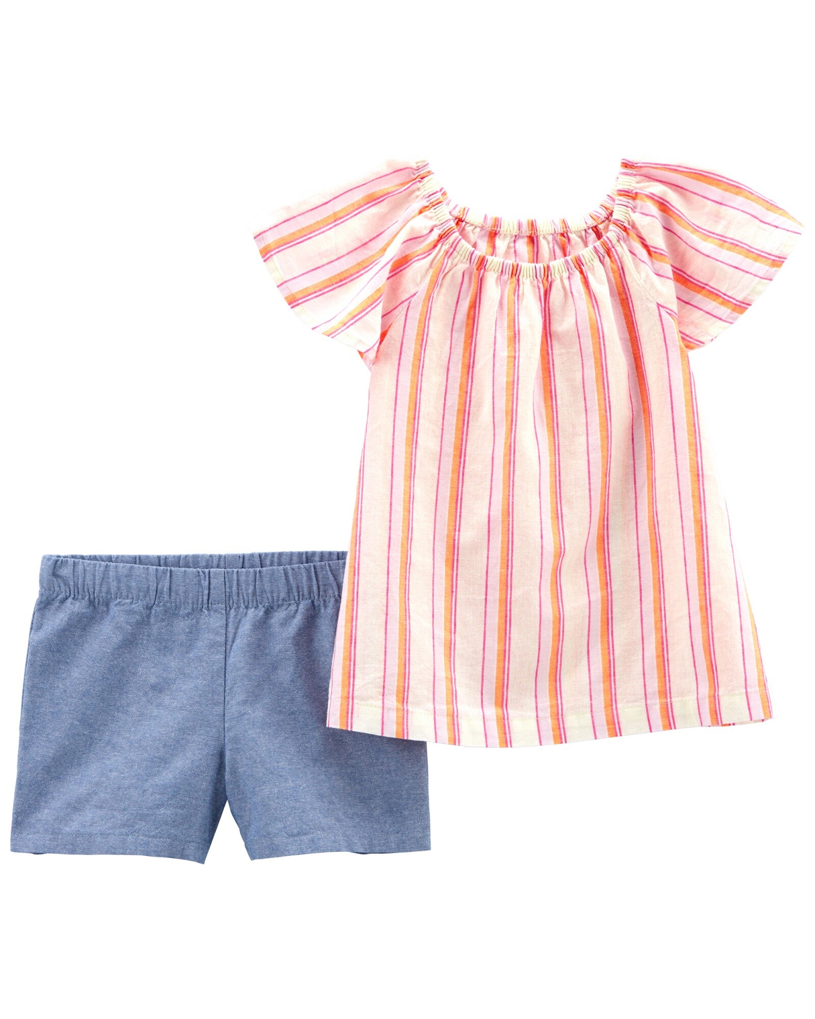 Set dos piezas, short de chambray y blusa de lino, diseño a rayas. Talles 6-24M Sin color