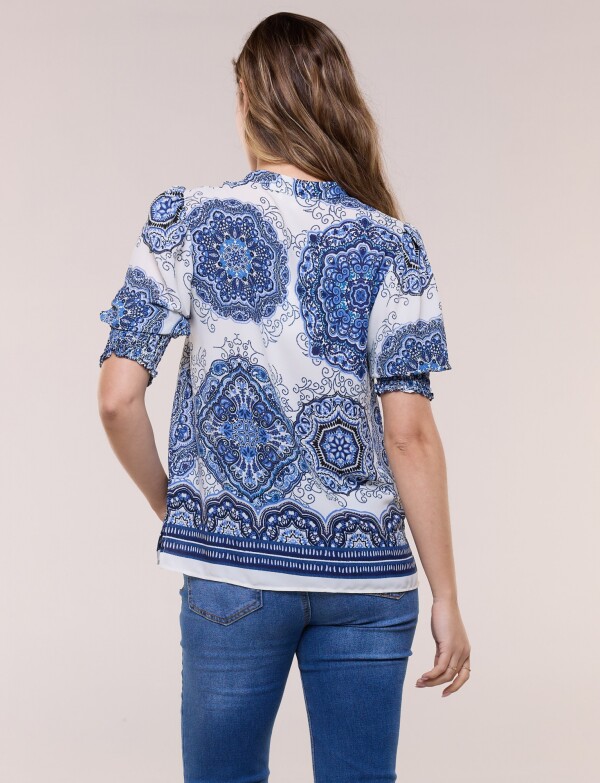 Blusa Crepé Con Mangas Abullonadas BLANCO/AZUL