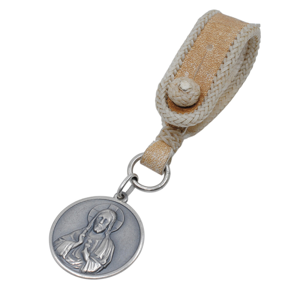 Llavero en cuero con medalla de plata 925 Sagrado Corazón Llavero en cuero con medalla de plata 925 Sagrado Corazón