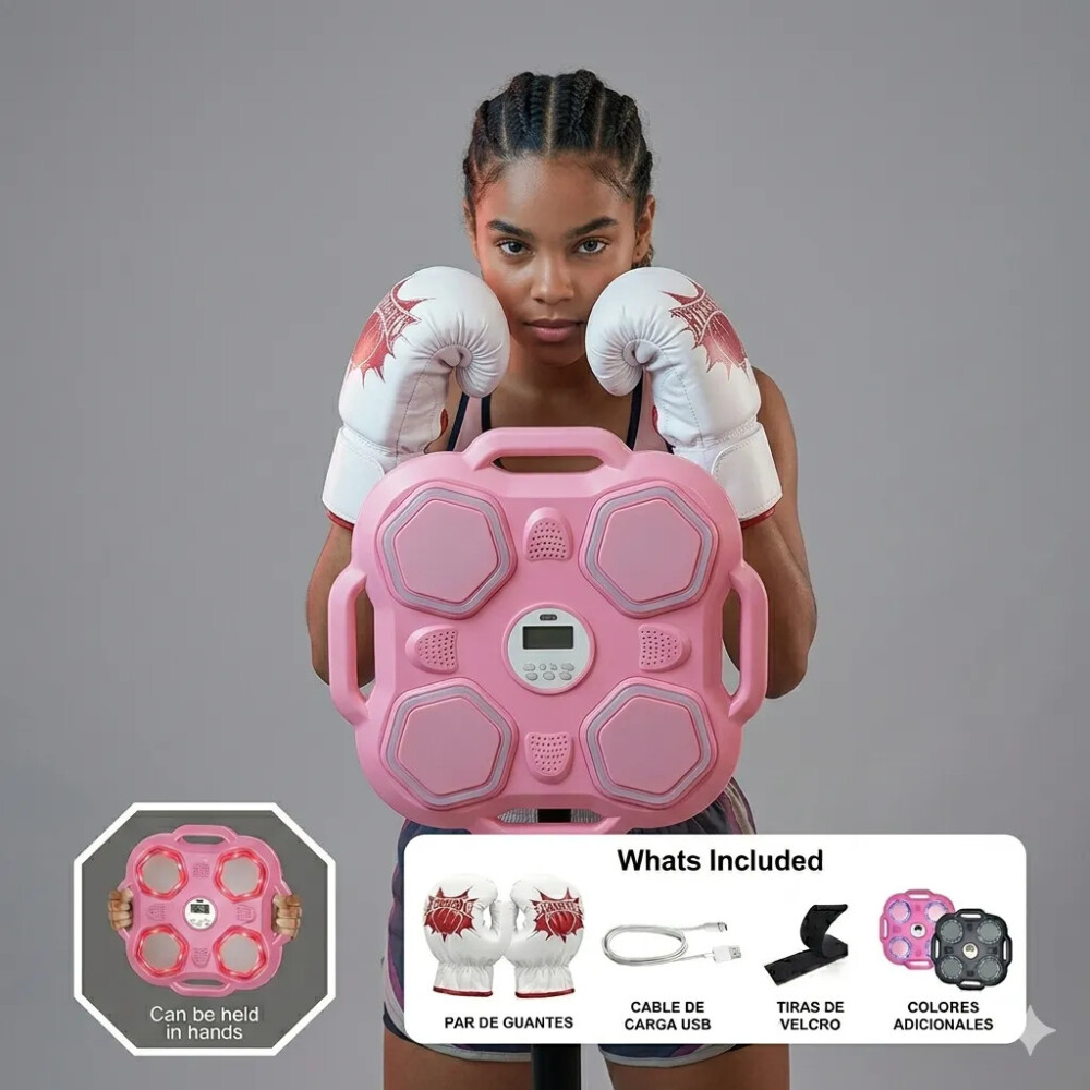 Maquina de boxeo con bluetooth, luces led y guantes. Azul