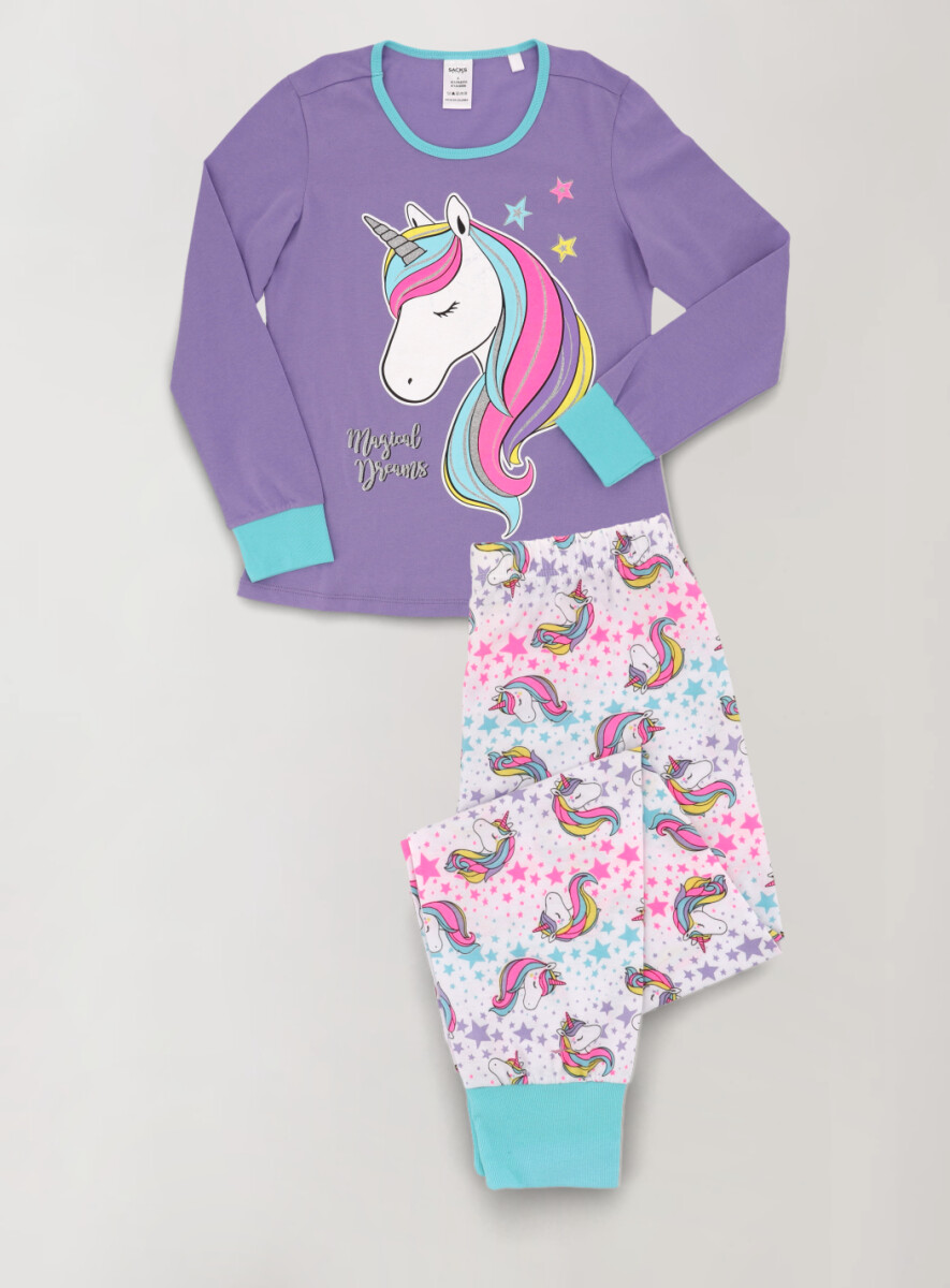 Pijama de niña de algodón unicornio multicolor - Lila 
